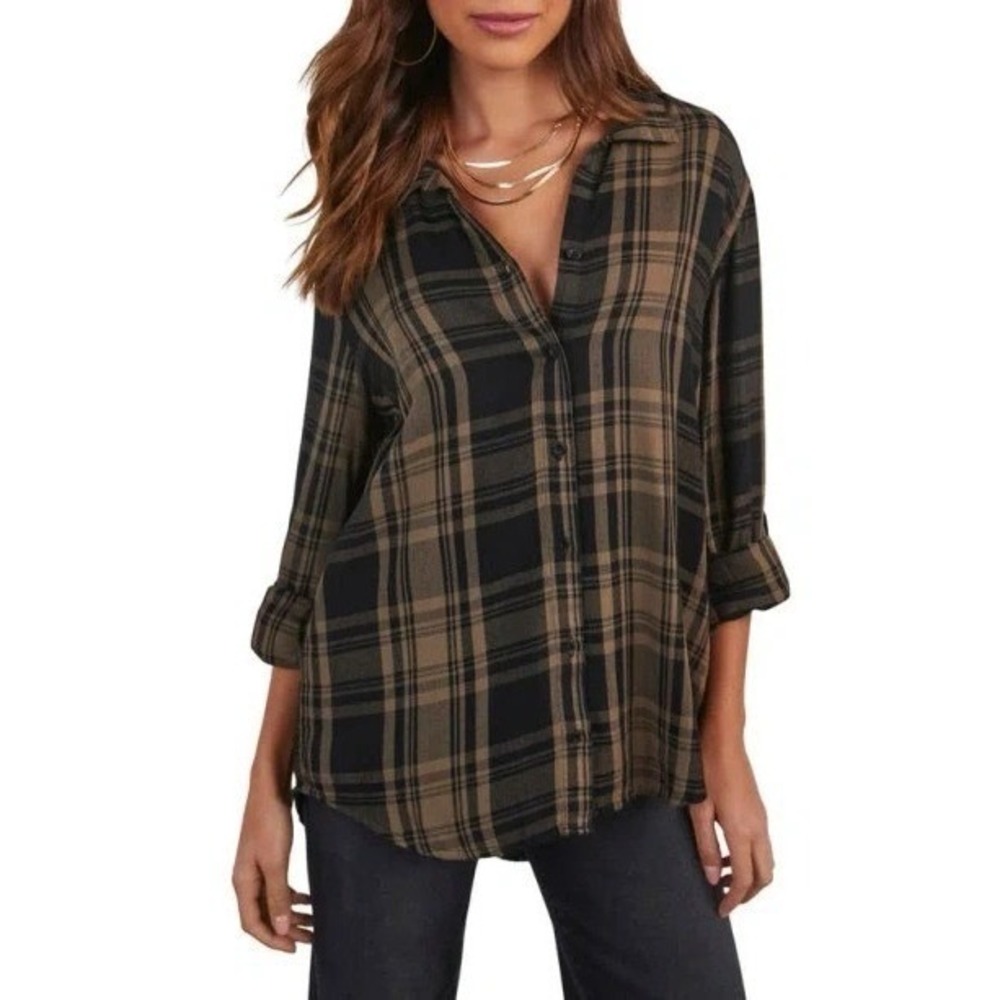 VICI S Brown Black Plaid Button Up Shirt 90s Grunge Dark Academia Fall Casual - Picture 5 of 11